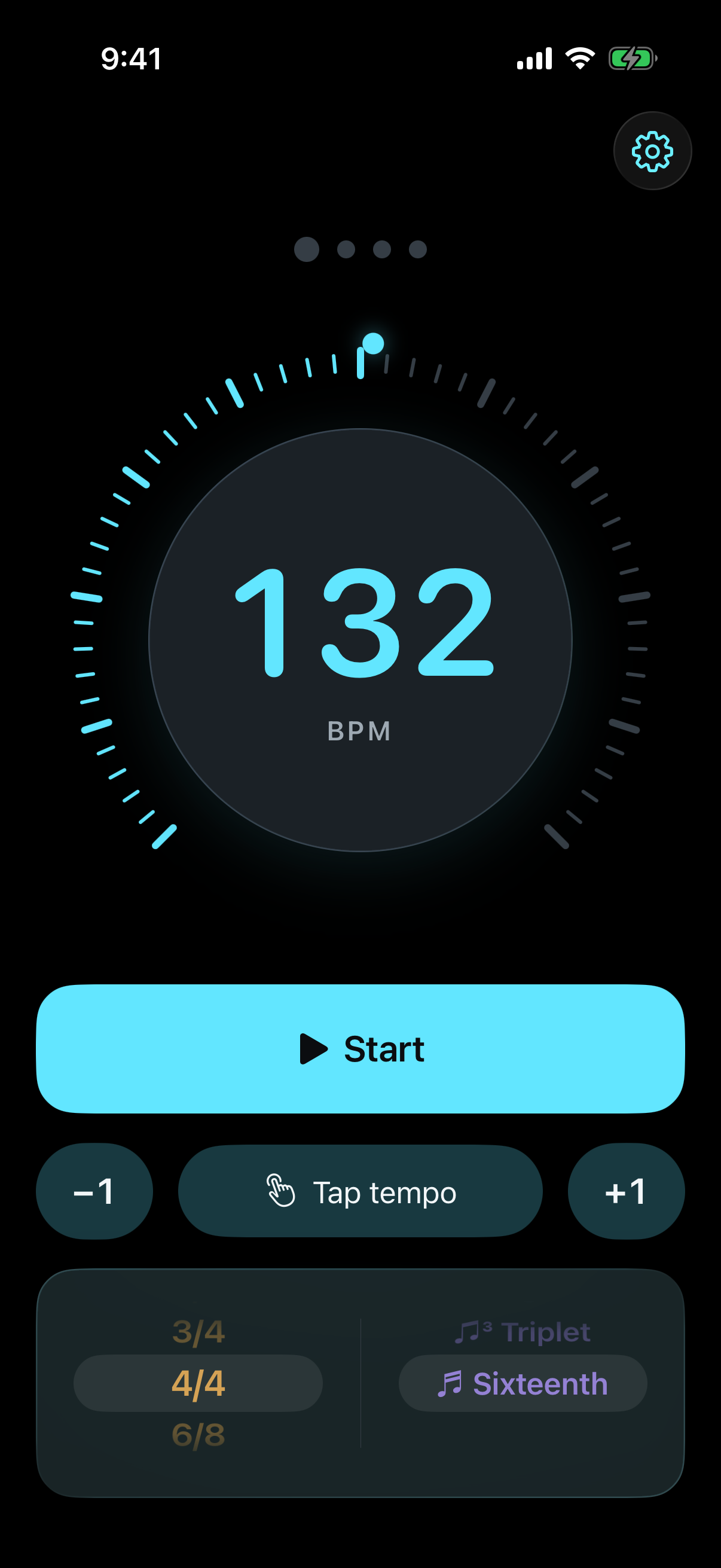 Current Tikki Takka metronome app showing the tempo dial, Start button, tap tempo, time signature, and subdivision controls